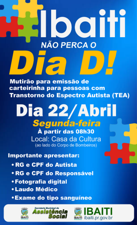 Ibaiti promove mutirão nesta segunda-feira (22), para emissão da Carteirinha do Autista