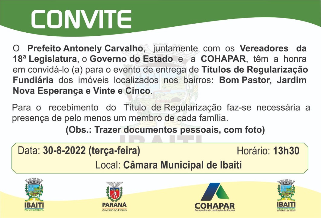 Prefeito Dr. Antonely, vice Ulisses, vereadores da 18º Legislatura, chefe da Casa Civil e o presidente da Cohapar entregam os Títulos de Regularização Fundiária para moradores do Bom Pastor, Jardim Nova Esperança e Vinte e Cinco