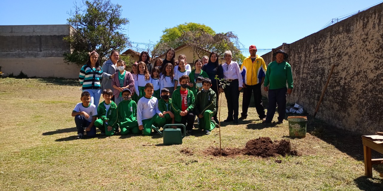 Alunos da Escola José Gonçalves Dias realizam plantio de mudas de árvores no entorno da escola; Iniciativa faz parte do Plano Municipal de Arborização Urbana de Ibaiti